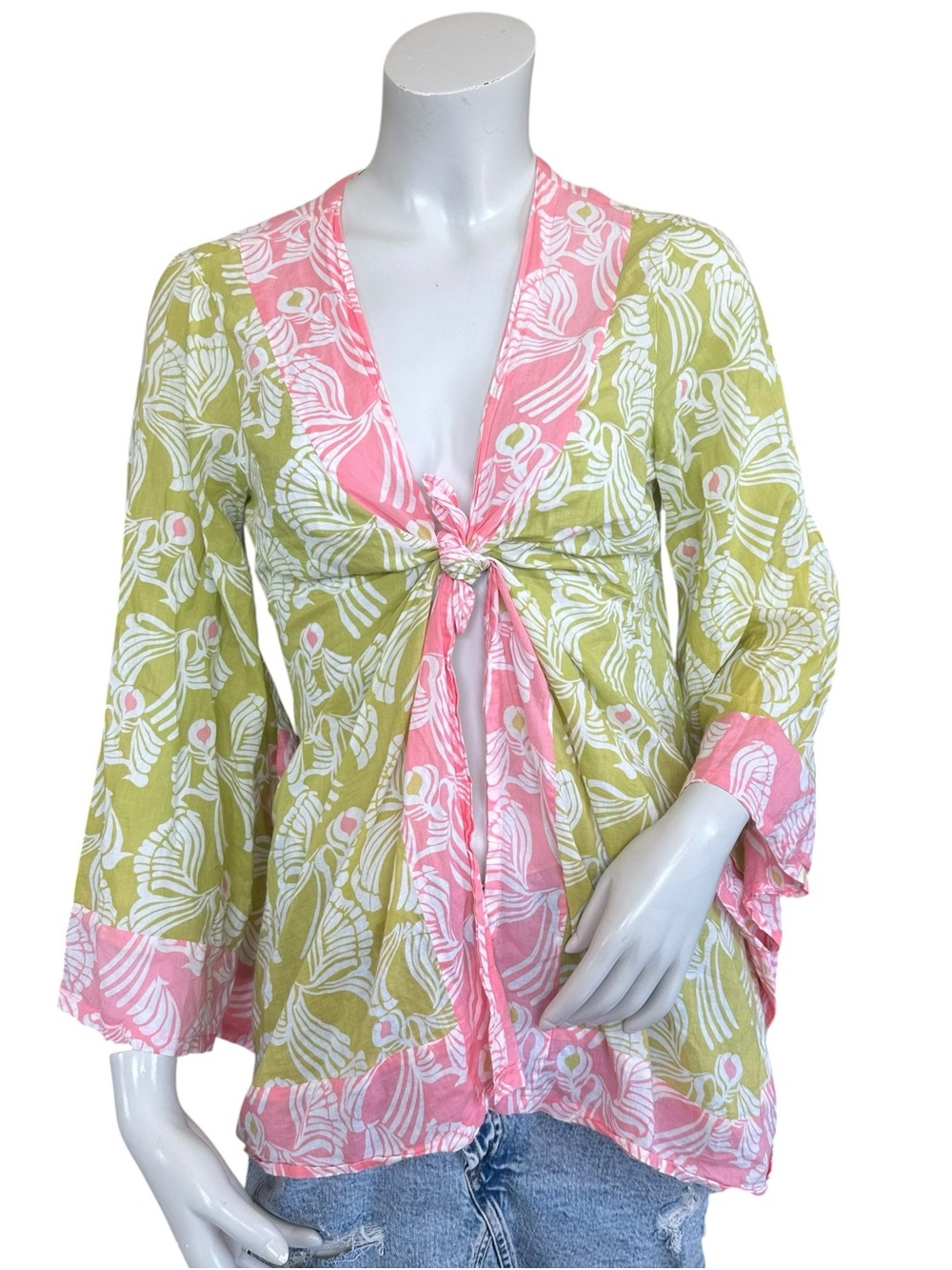 Y2K BEBE Pink & Green Palm Print Open Tie Front Flare Bell Sleeve Blouse Small